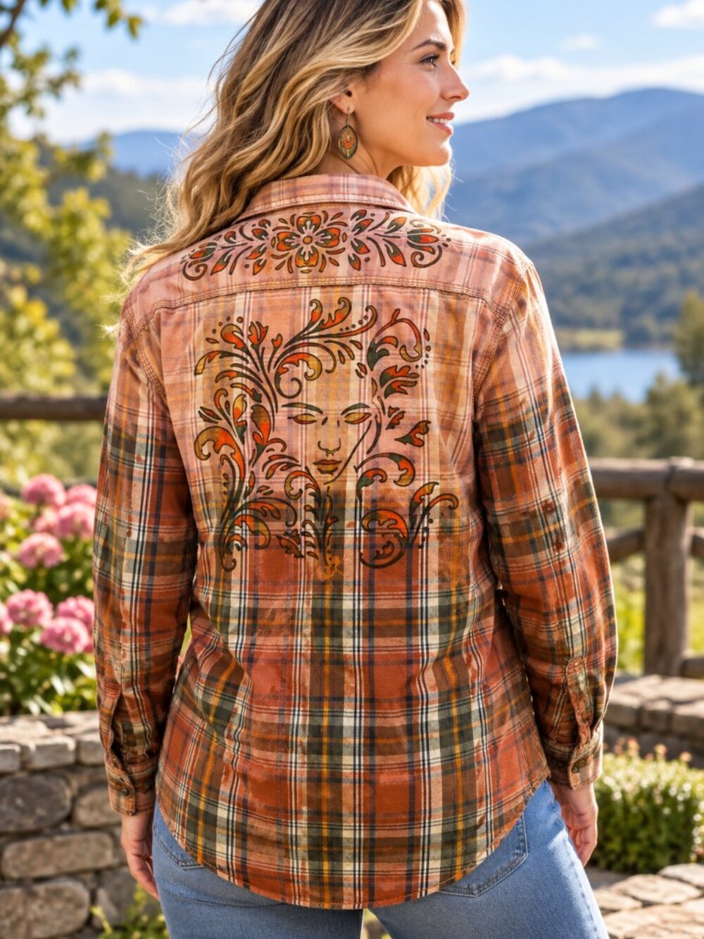 Upcycled Hand Painted Lady Face Flannel Shirt - Bleached Orange Green M
